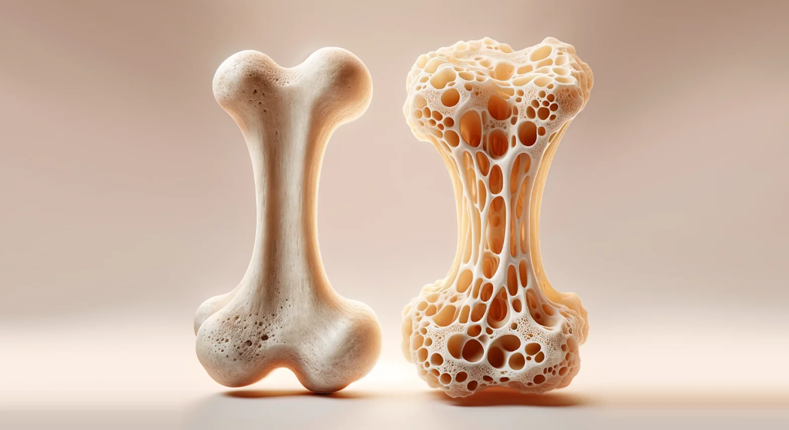 Two bones juxtaposed showing the effects of osteoporosis
